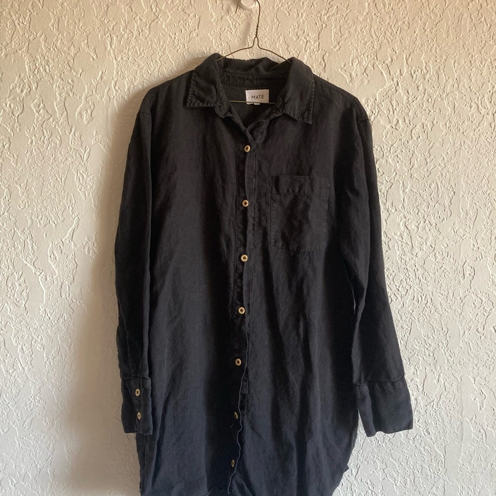 Black Linen Button-Up Shirt Dress